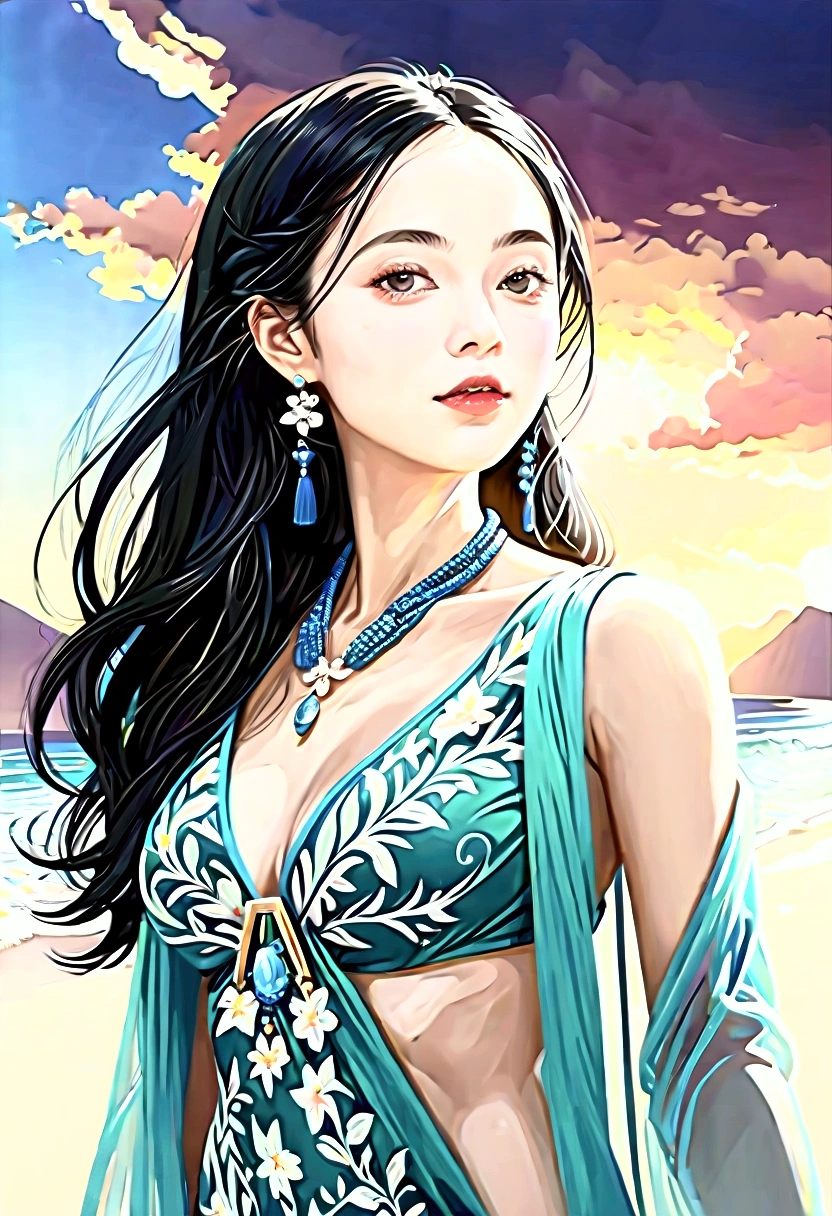 ((Masterpieces with up to 16K resolution:1.6)),Highest quality,it is really amazing,Very detailed,Ultra-high resolution,(Real:1.5),(Realistic:1.5),Increased depth of field,Cinematic Light,
Elegant mature woman,
Long black hair,(Exquisitely detailed face:1.5),Face with a gentle expression,Translucent white skin,Very sensitive skin,Great proportions,Anatomically correct body,
Sexy bikini swimwear,Artistic design,Beautiful and detailed pattern,Detailed fabric texture,Gorgeous necklace,
Coastal landscape at dusk,Dark clouds and dark sky,delay々Continuing sandy beach, Deserted Beach,Dark sea surface,
(Cowboy Shot:1.6),