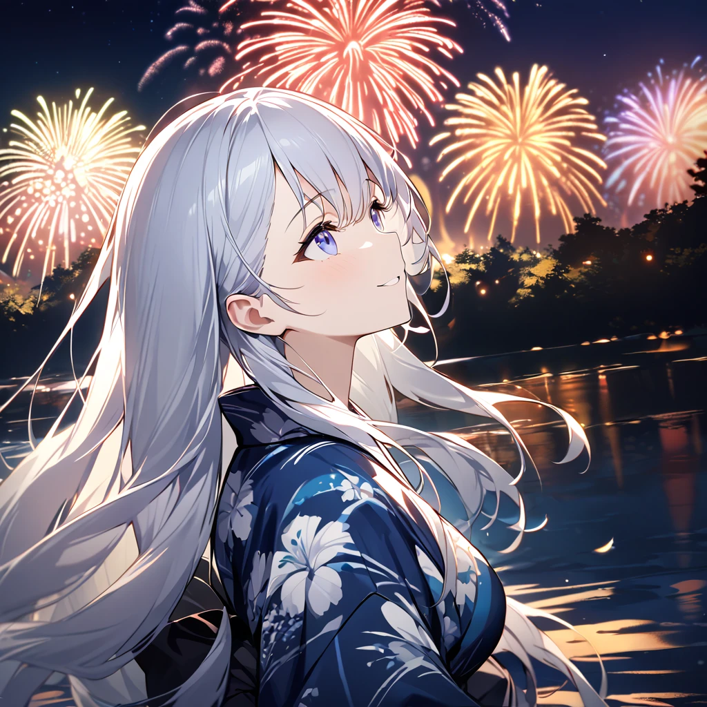 Highest quality, masterpiece, ,silver long hair,Dark blue eyes,Double exposure, The best smile, Looking up at the sky, yukata, River bank, Night view, Fireworks display, Big colorful fireworks