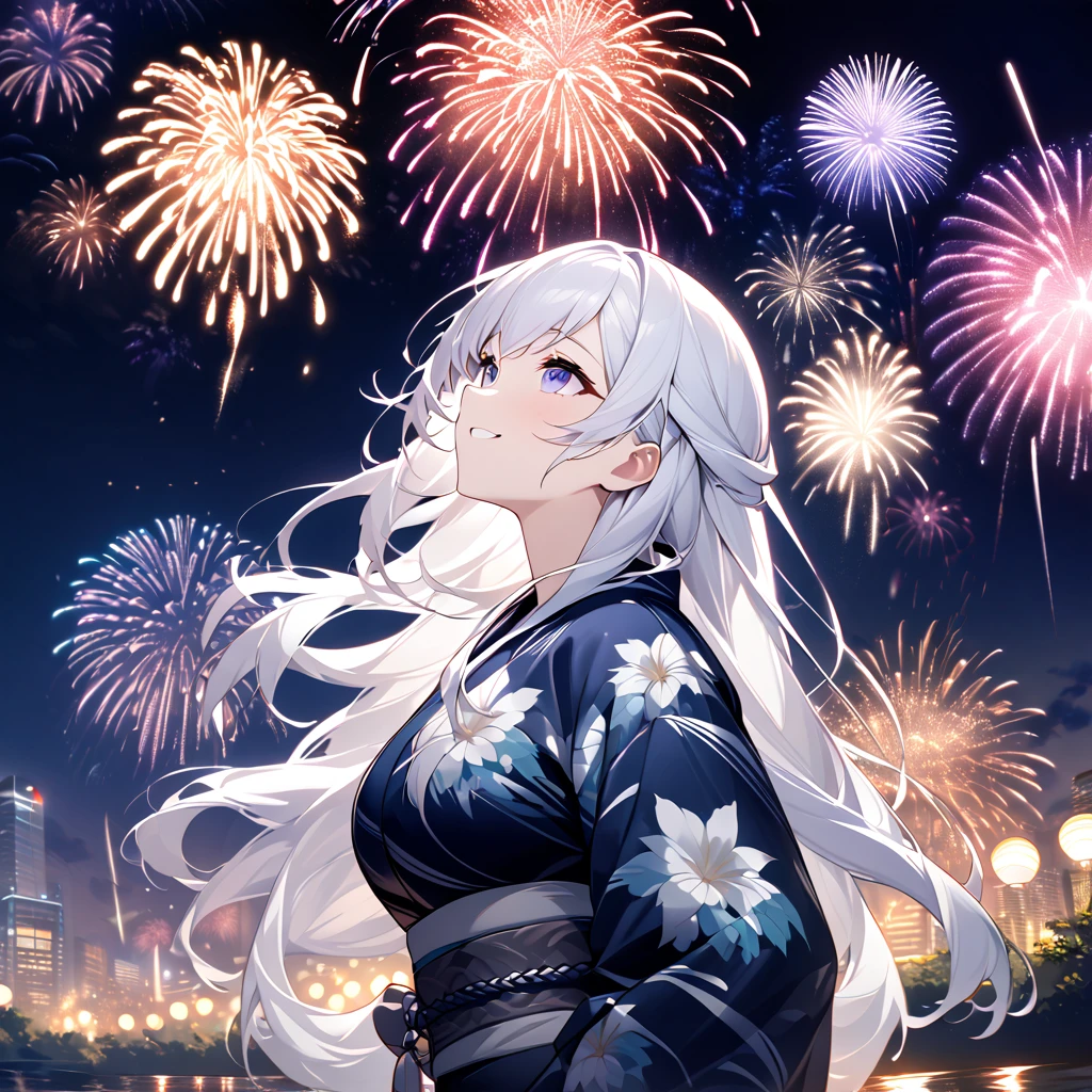 Highest quality, masterpiece, ,silver long hair,Dark blue eyes,Double exposure, The best smile, Looking up at the sky, yukata, River bank, Night view, Fireworks display, Big colorful fireworks