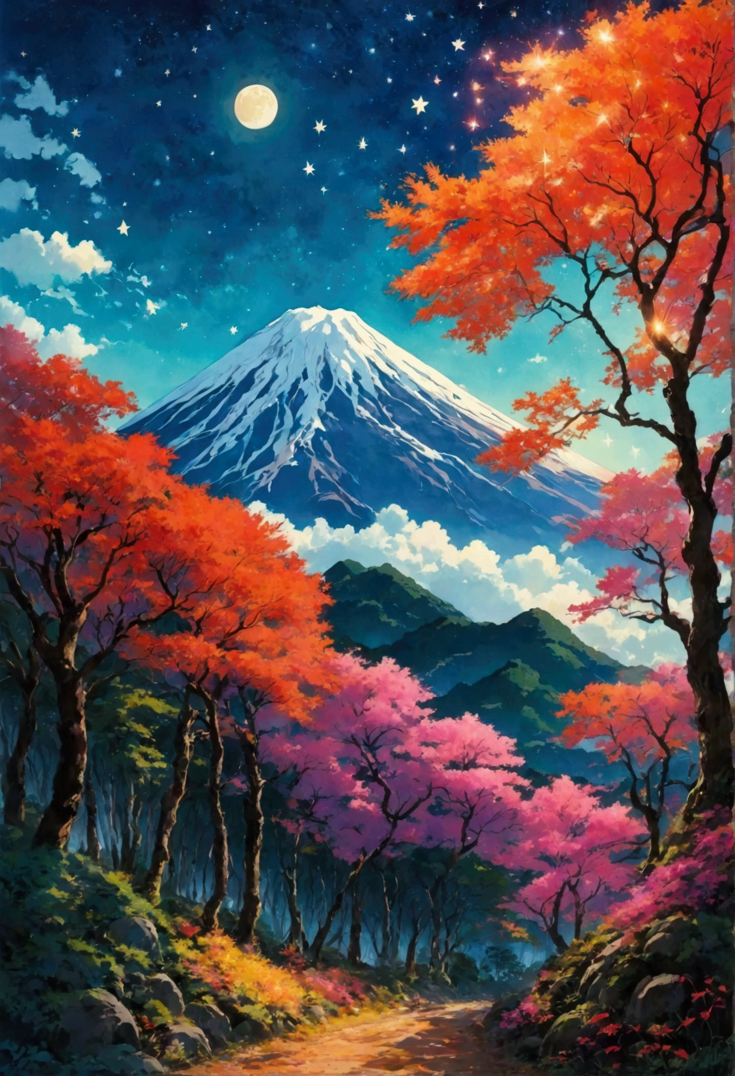 Invalid、moon、Star、beautiful、Fuji Mountain、forest