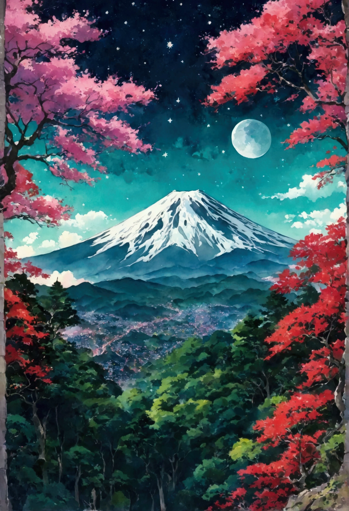 Invalid、moon、Star、beautiful、Fuji Mountain、forest