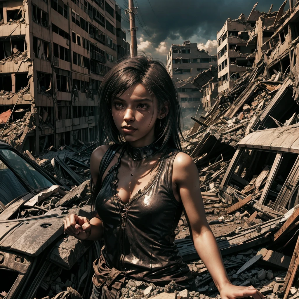 An undead girl wanders among the rubble of a destroyed city, among the rubble you can see some victims and car wrecks, the sky is covered in smoke and radiation