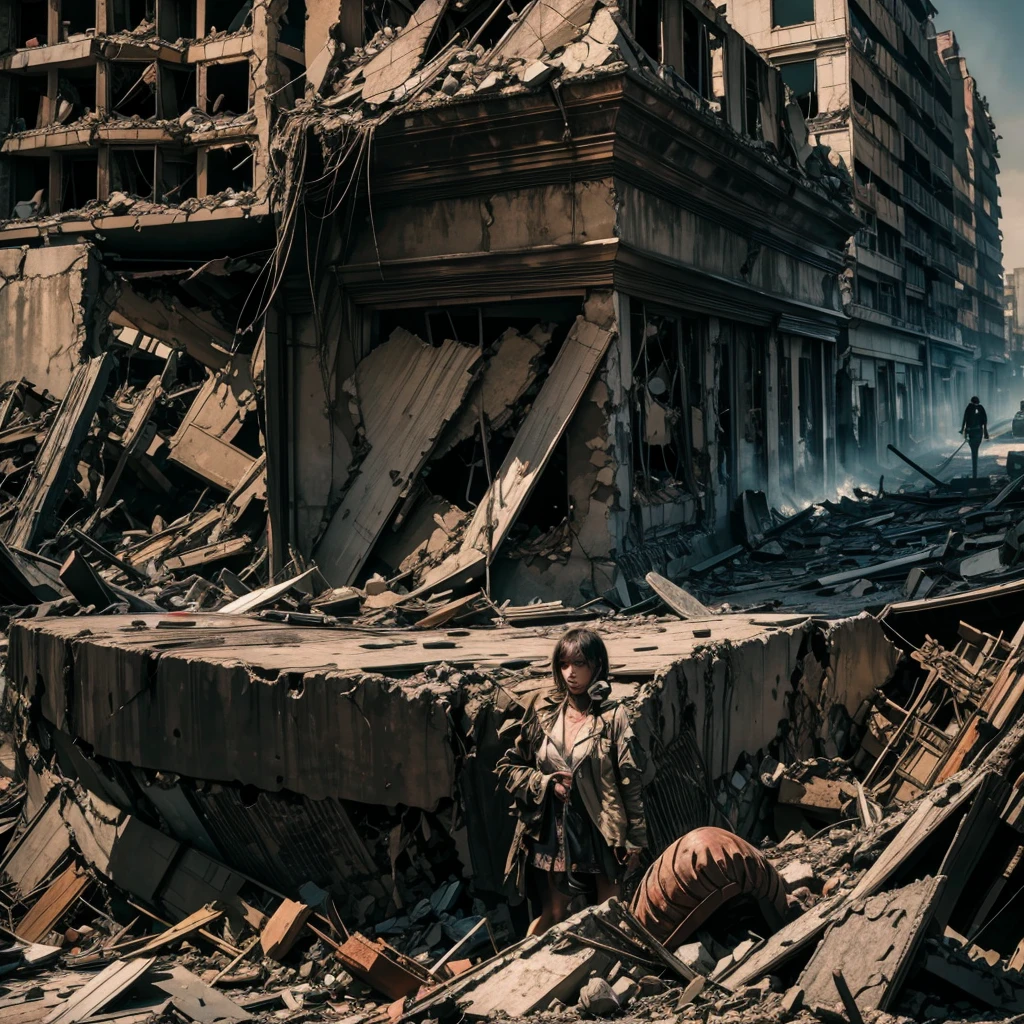 An undead girl wanders among the rubble of a destroyed city, among the rubble you can see some victims and car wrecks, the sky is covered in smoke and radiation