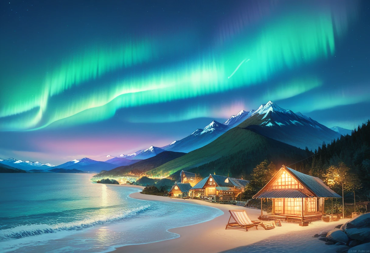 Beach view，Mountains and Water，Northern Lights in the sky，Iceland，dramatic aurora borealis，Stunning scenery，Landscape filled with northern lights，Scandinavian village in the distance