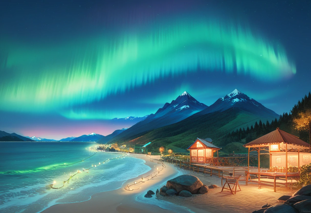 Beach view，Mountains and Water，Northern Lights in the sky，Iceland，dramatic aurora borealis，Stunning scenery，Landscape filled with northern lights，Scandinavian village in the distance