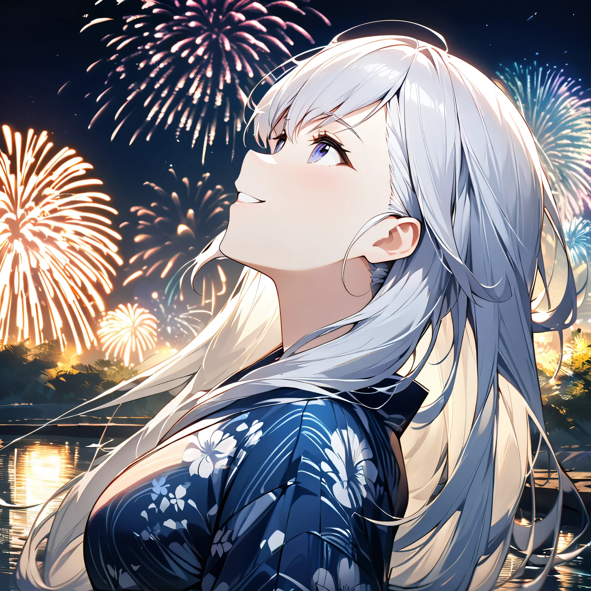 Highest quality, masterpiece, ,silver long hair,Dark blue eyes,Double exposure, The best smile, Looking up at the sky, yukata, River bank, Night view, Fireworks display, Big colorful fireworks