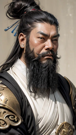 Monochrome,Oriental、(Ancient Chinese man in armor)、(ancient chinese hairstyle male)、As seen in the Romance of the Three Kingdoms々military commander、Highest quality、masterpiece、Ultra-high resolution、(Realistic:1.4)、Game Poster、Crisp and beautiful image quality、Long beard、Embroidered cloth wrapped around a topknot、whole body ,((Skin of color, ),(long heavy black beard):1.2), ( (Very detailed, bloom:1.5), (Highest quality, Concept Art, 4K), (analog:1.2), (high sharpness), (Detailed pupil:1.1), (Painting:1.1), (digital Painting:1.1), Detailed face and eyes, masterpiece, Highest quality, (Very detailed写真:1.1), 8K, photoRealistic, (Black Hair, Dynamic Short Hair), (PurerosFace_v1:0.2), [:(Detailed face:1.2):0.2], sharp, Realistic, Realistic Shadow, 