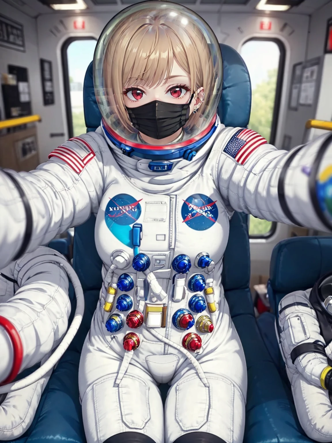 space helmet, (cinematic scene, sitting on a chair, train interior, , (space view:1.5), space helmet, eva helmet, space suit, astronaut), smile bubble helmet, very detailed, speed helmet, bubble helmet, ,upper body, astronaut),eva helm, spacesuit , astronaut),girl, wearing a (spacesuit:1.15), white cargo pants, (mask:1.6), hands on lap, from above, marin kitagawa, blonde hair, choker, ear piercing, earrings, short hair, piercing, (red eyes:1.5), straight hair, swept bangs,