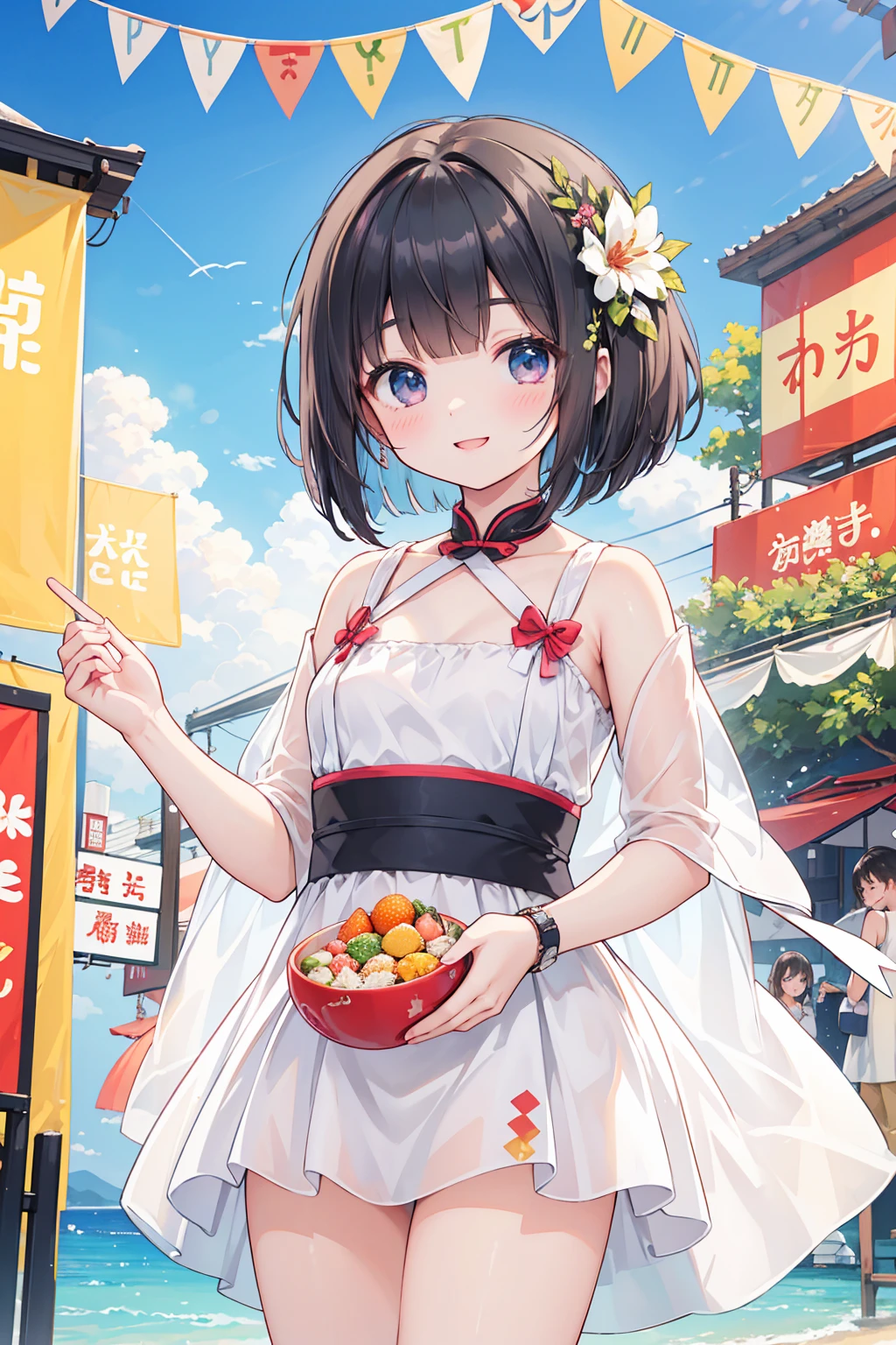 Photorealistic、Highest quality、Highest Resolution、Highest quality、８Ｋ、Beautiful woman、cute、Bob Cut Hair、Dark Hair、cute浴衣、looks fun、smile、Smile、Summer festival、Lots of food stalls、