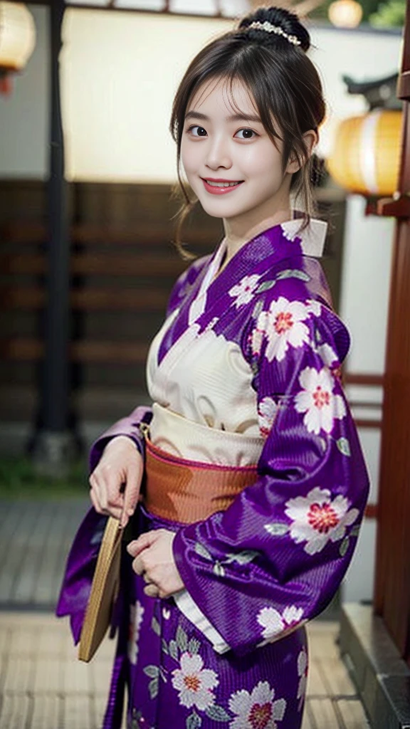 (Japanese Kimono、Small patterned yukata:1.3)、(Cowboy Shot:1.24))、(RAW Photos、Photorealistic:1.4)、One girl、Beautiful Japanese Girl、17-year-old girl、Very detailed目と顔、Beautifully detailed dark brown eyes、Ultra-detailed、((High resolution、Highest quality、masterpiece、Very detailed、8K))、Outdoors、Japan woman at 21 years old、Medium breast、8-body style、(At the festival of Japan、Summer evening、At a Japanese shrine、Lots of lanterns:1.37)、A refreshing smile、Detailed face、Glossy lips、Light makeup、Cute atmosphere、Wearing sandals、Perfect proportions、Direct your gaze this way、Smiling Kindly、Ponytail hairstyle、Light Brown Hair、Nice atmosphere、Summer 2023、30pm