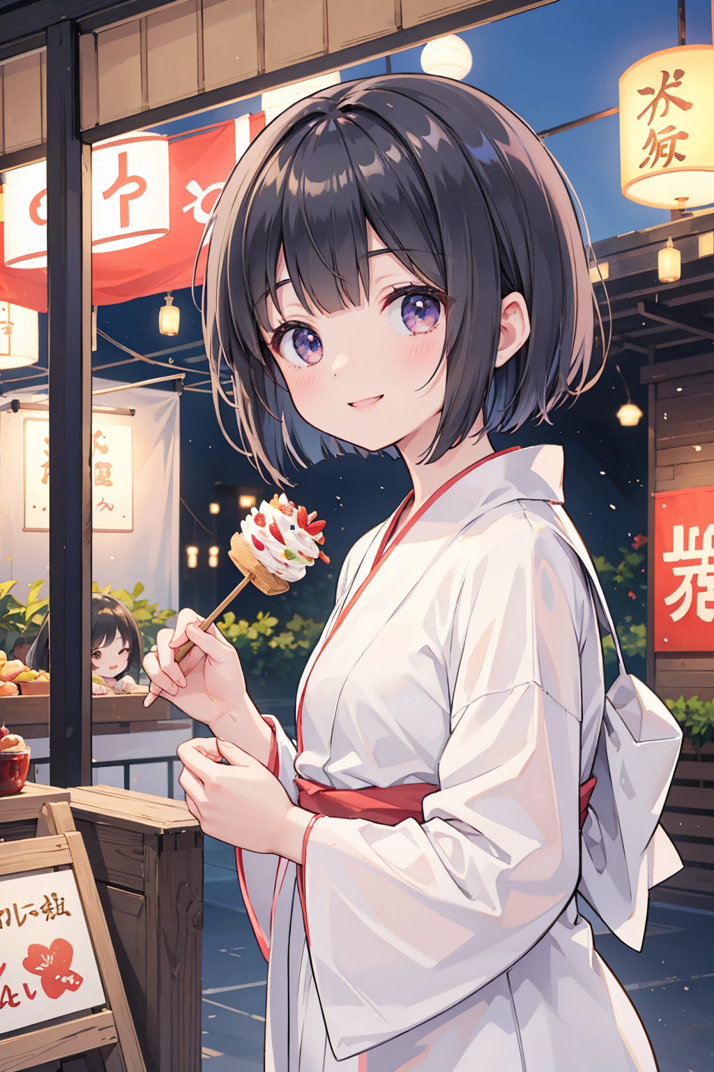 Photorealistic、Highest quality、Highest Resolution、Highest quality、８Ｋ、Beautiful woman、cute、Bob Cut Hair、Dark Hair、yukata、looks fun、smile、Smile、Summer festival、Lots of food stalls、