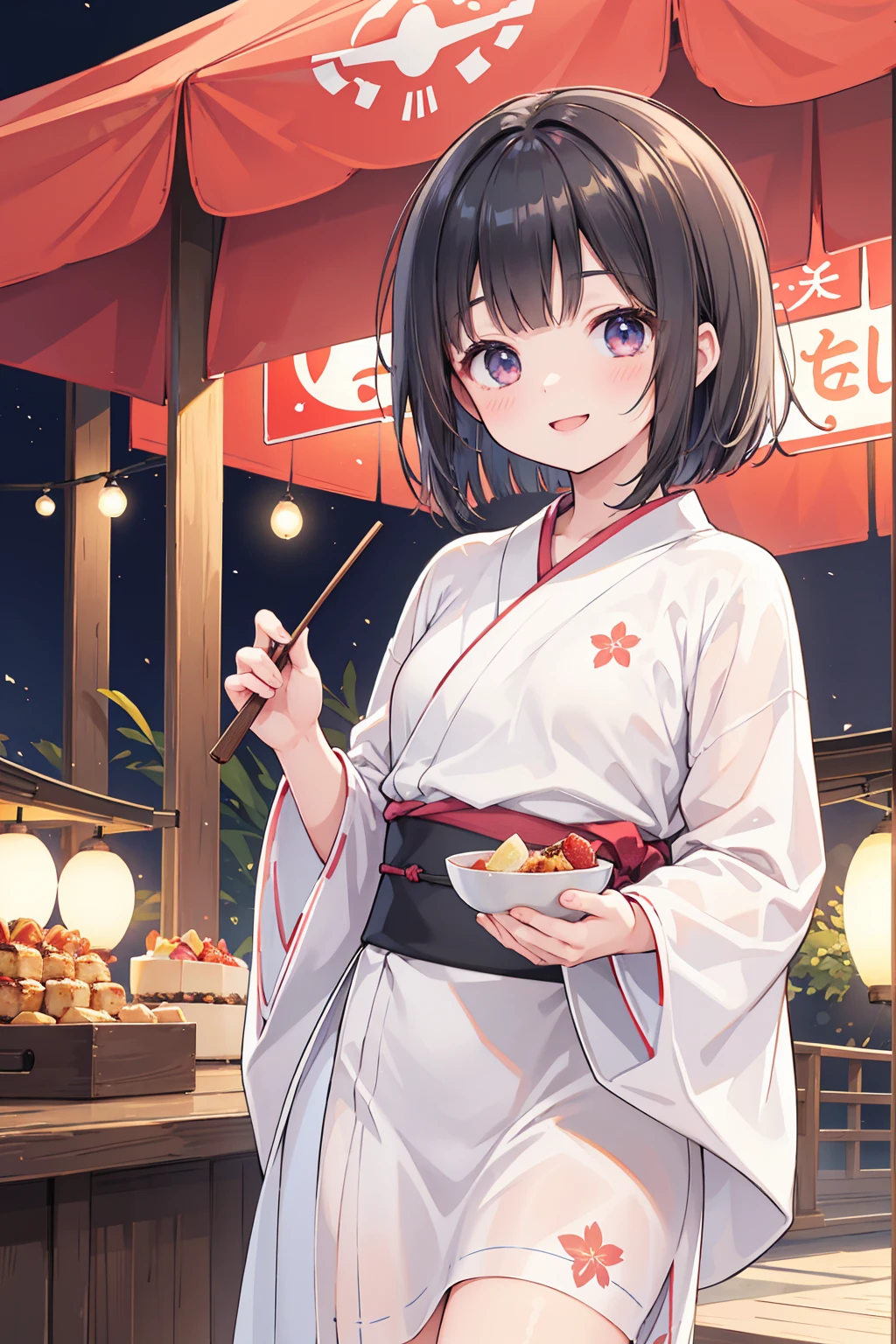 Photorealistic、Highest quality、Highest Resolution、Highest quality、８Ｋ、Beautiful woman、cute、Bob Cut Hair、Dark Hair、yukata、looks fun、smile、Smile、Summer festival、Lots of food stalls、