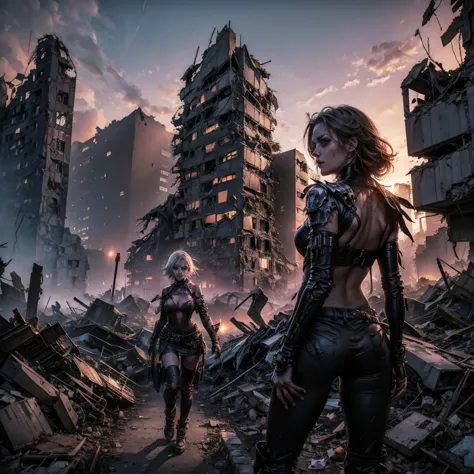 an undead girl wanders among the rubble of a destroyed city, among the rubble you can see some victims and car wrecks, the sky i...