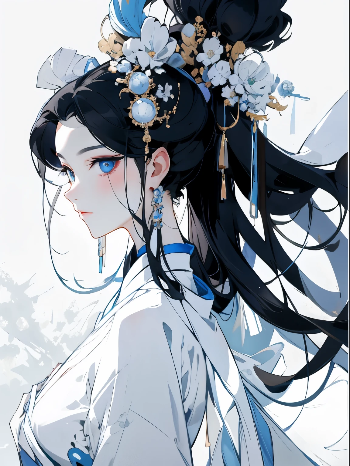 （Beautiful girl dressed in white），Wide sleeves，watery big eyes，Beautiful face and smooth fair skin，s delicate face，cabelos preto e longos，An ancient Chinese beauty，wearing ancient Chinese costume，gossamer，Vivid and bright colors，Vibrant digital illustration，（clean backdrop），Ink painting style，Clean colors，Decisive cut，A white space，unarmed，tmasterpiece， Ultra-delicate，Epic composition，high high quality，HighestQuali，4K