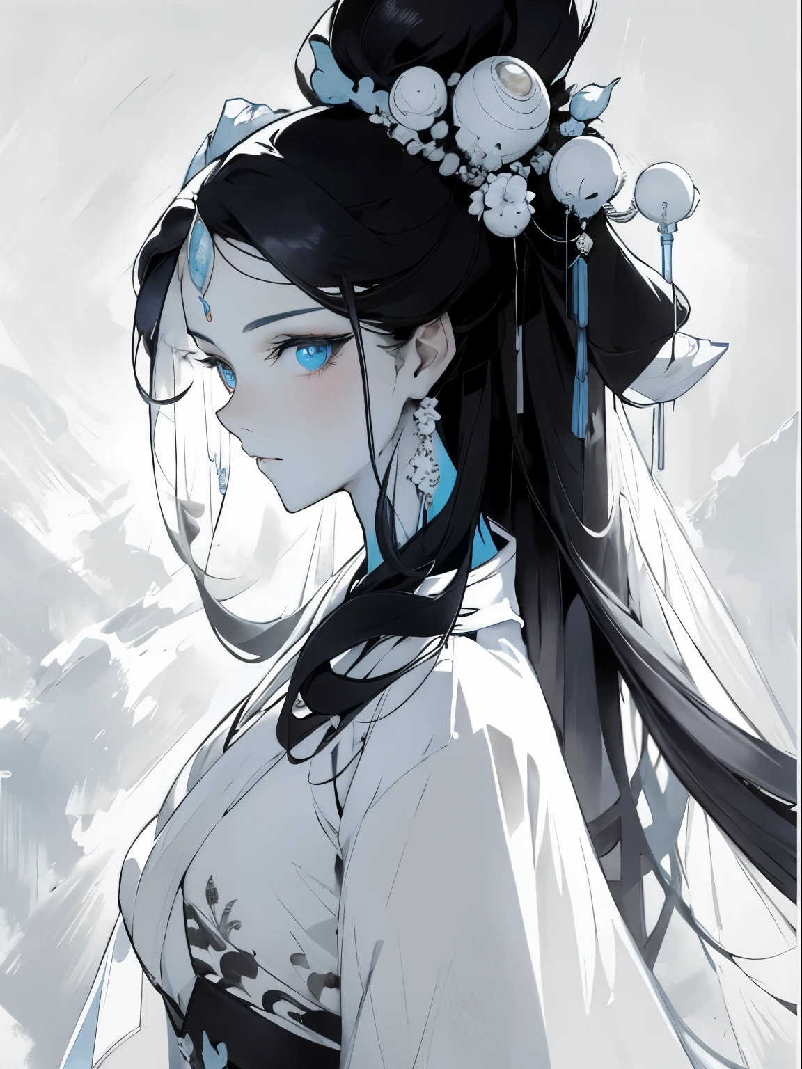 （Beautiful girl dressed in white），Wide sleeves，watery big eyes，Beautiful face and smooth fair skin，s delicate face，cabelos preto e longos，An ancient Chinese beauty，wearing ancient Chinese costume，gossamer，Vivid and bright colors，Vibrant digital illustration，（clean backdrop），Ink painting style，Clean colors，Decisive cut，A white space，unarmed，tmasterpiece， Ultra-delicate，Epic composition，high high quality，HighestQuali，4K