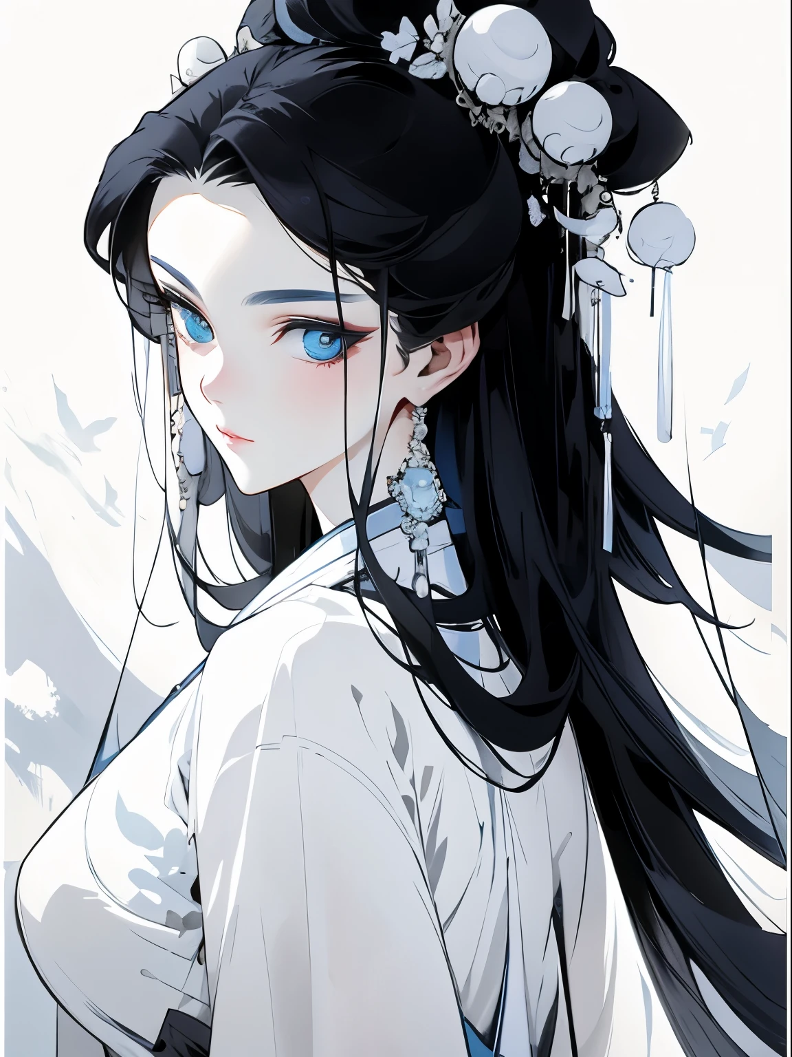 （Beautiful girl dressed in white），Wide sleeves，watery big eyes，Beautiful face and smooth fair skin，s delicate face，cabelos preto e longos，An ancient Chinese beauty，wearing ancient Chinese costume，gossamer，Vivid and bright colors，Vibrant digital illustration，（clean backdrop），Ink painting style，Clean colors，Decisive cut，A white space，unarmed，tmasterpiece， Ultra-delicate，Epic composition，high high quality，HighestQuali，4K