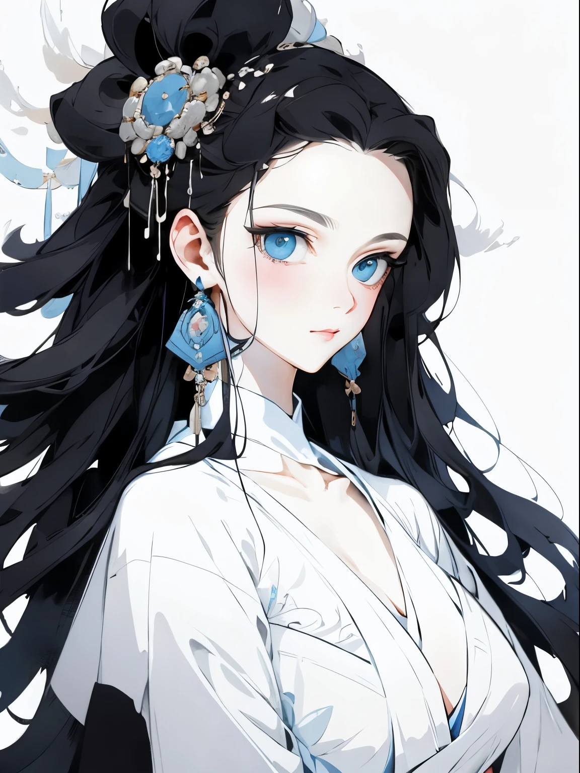 （Beautiful girl dressed in white），Wide sleeves，watery big eyes，Beautiful face and smooth fair skin，s delicate face，cabelos preto e longos，An ancient Chinese beauty，wearing ancient Chinese costume，gossamer，Vivid and bright colors，Vibrant digital illustration，（clean backdrop），Ink painting style，Clean colors，Decisive cut，A white space，unarmed，tmasterpiece， Ultra-delicate，Epic composition，high high quality，HighestQuali，4K