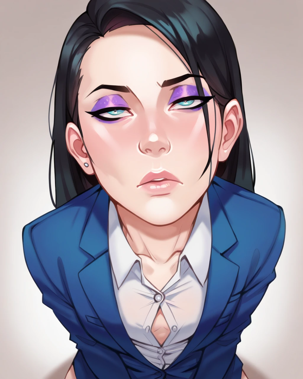 (masterpiece, best quality:1.2), intricate details, (solo:1.2), portrait, from above, lilandavastyle, 1 girl, bored, small breasts, long black hair, eyeliner, eyeshadow, half-closed eyes, white button down shirt, open jacket, blazer, 2 dark skinned penises, (double handjob), holding penis, looking at viewer, cumshot, cum on face, cum on tongue, orgasm face, surprised, blush, open mouth, cum in mouth, cum dripping from mouth, after fellatio, exhausted, worn out, 