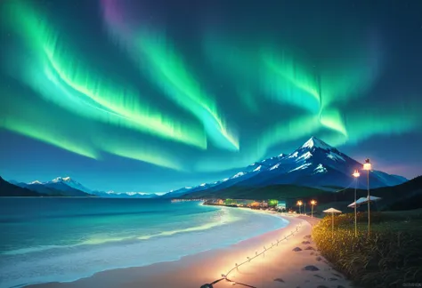 beach view，mountains and water，northern lights in the sky，iceland，dramatic aurora borealis，stunning scenery，landscape filled wit...