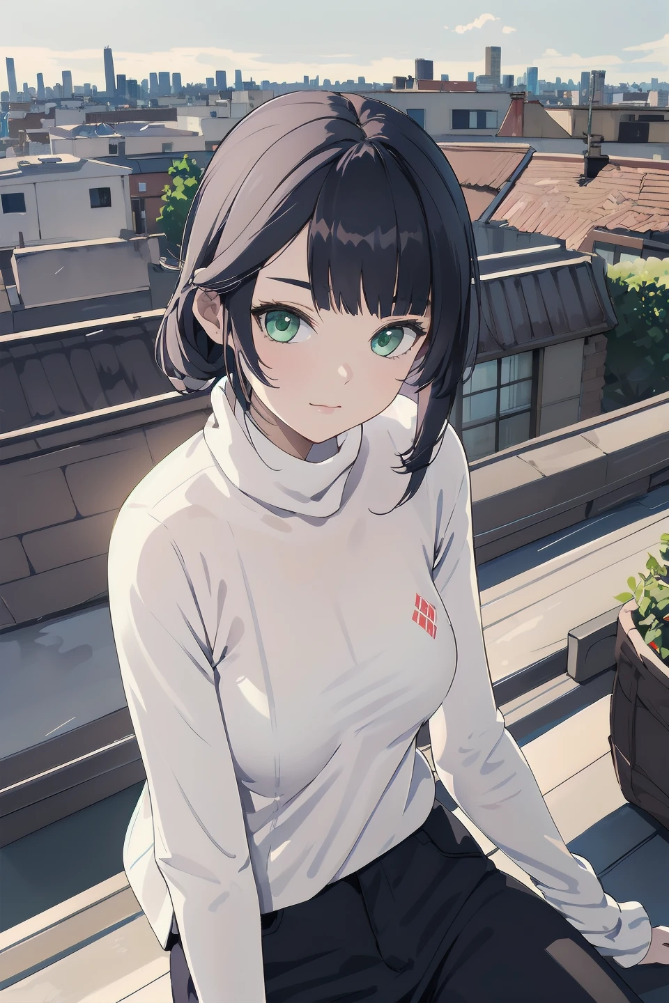 best quality, masterpiece, Mona, (white sweater turtleneck, modest clothing:1.15), green eyes, perky breasts, looking at viewer, upper body, rooftop, sitting, overlooking city, watercolor illustration