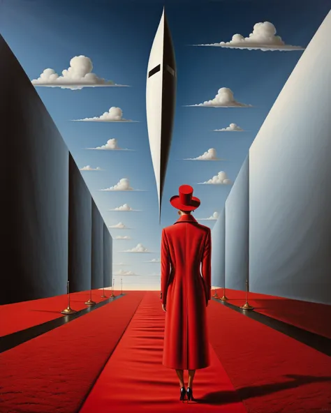 Surrealist art in the style of Rafal Olbinski,rafal olbinski style,art by Rafal Olbinski,rafal olbinskia red coat on a red carpe...