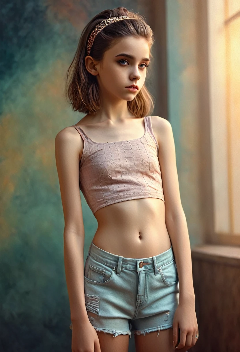 (Cinematic photo:1.3) From (Thigh-length photos:1.3),(skinny:1.3) ((CROPTOP, NAVEL)) Beautiful 12 year old girl, (complex brown hair), Highly detailed texture кожи, realistic texture кожи, looks straight into the camera, (looks at the viewer) ), pout, , Shine, Dramatic, Dreamy, pastelный цветочный сад, elegant, strange, gentle, Highly detailed, difficult, UHD Digital Photography, Fantasy theme, skinny shoulders, Photo to the knees , beautiful young girl, big, Beautiful body, highly detailed full-length shot, Dreamy, pastel, watercolor, strange, gentle, detailed hair band, Highly detailed texture, realistic texture, digital painting, highly detailed photo, (art deco: 1 .хFromоралFromм:1.3),(Classic realotm:1.3),(Fujifilm Superia:1.3),, golden hour light,