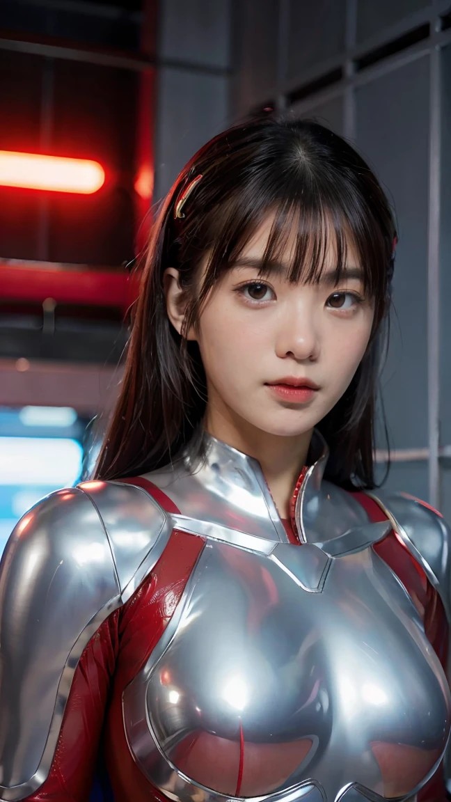 Ultraman、realistic、realistic、cinematic lighting, Girl in a shiny red and silver suit、15 years old、professional photos、Don&#39;Do not expose your skin, japanese model, japanese cgi、Ultraman Suit、, Power Rangers Suit、tight and thin cyber suit,Whole body rubbery、There&#39;s pink There、 delicate body, big breasts、small ass、thin thighs、thin arms、thin waist、camel toe、Both sides of the cyber suit stick to the skin、Big eyes、black short hair、facing the front、facing the front立っている、A glowing sphere is embedded in the chest.、Essay Examination、 blue sky background