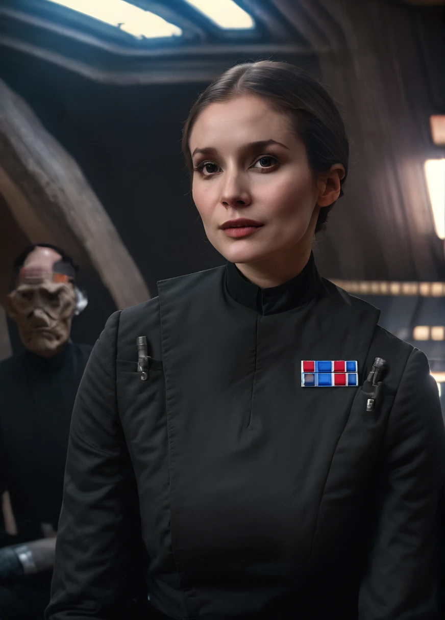 foto de alta resolução de close-up do rosto de uma mulher p4dme sentada em uma cantina de Star Wars,olhando para a câmera,uniforme preto,chignon cabelo,tiro de corpo inteiro,Oficial imperial vestindo um (cor) profundidade de campo uniforme,iluminação volumétrica,nascer do sol,(sombra de iluminação dramática surreal) Esperando começar
