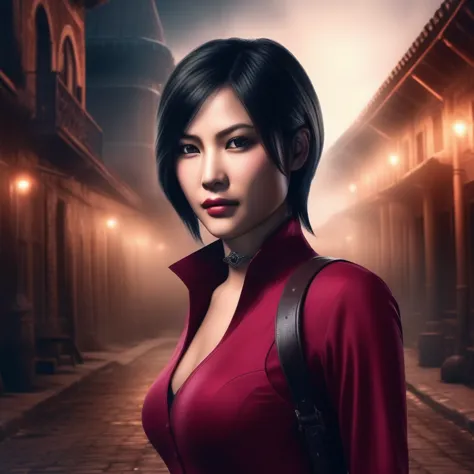 ultra-realistic extremely detailed real life 8k masterpiece of a gorgeous asian woman re ada wong wearing re4 style dress in a d...