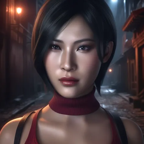 ultra-realistic extremely detailed real life 8k masterpiece of a gorgeous asian woman re ada wong wearing re4 style dress in a d...