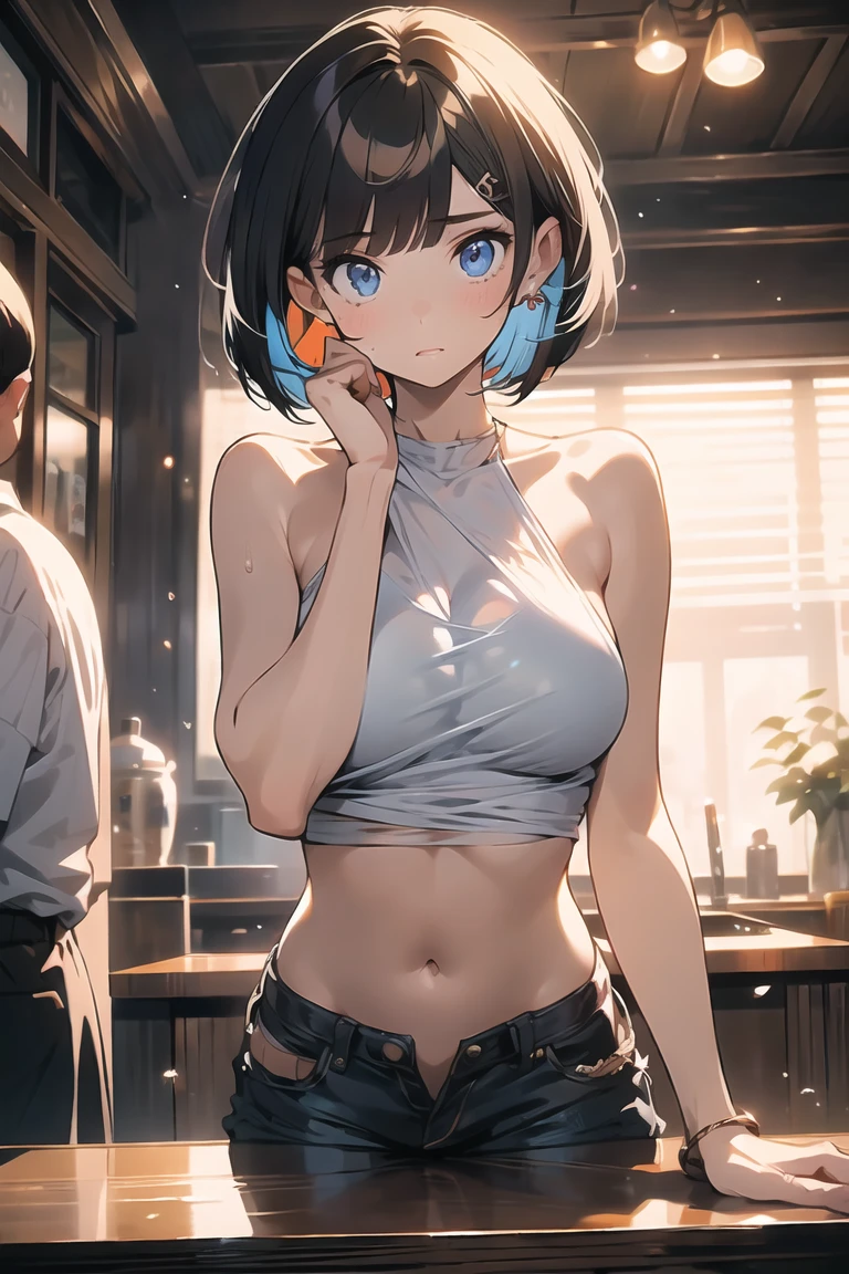 (best quality), (Super detailed), (Best Illustration Award), (masterpiece), Fraction_9, Fraction_8_Direction_7_up, (4K), (Not suitable for working hours), (1 female), (Completely naked), (Large Breasts), {Brown hair, (temple), (Bob Cut:1.3), curls, Hair between the eyes, Colored undercoat}, {(Delicate eyes), heart-shaped pupils, blue eyes}, Open your mouth, Awkward, Red and swollen nose, earrings, Sweat,full-body shot，Short shorts