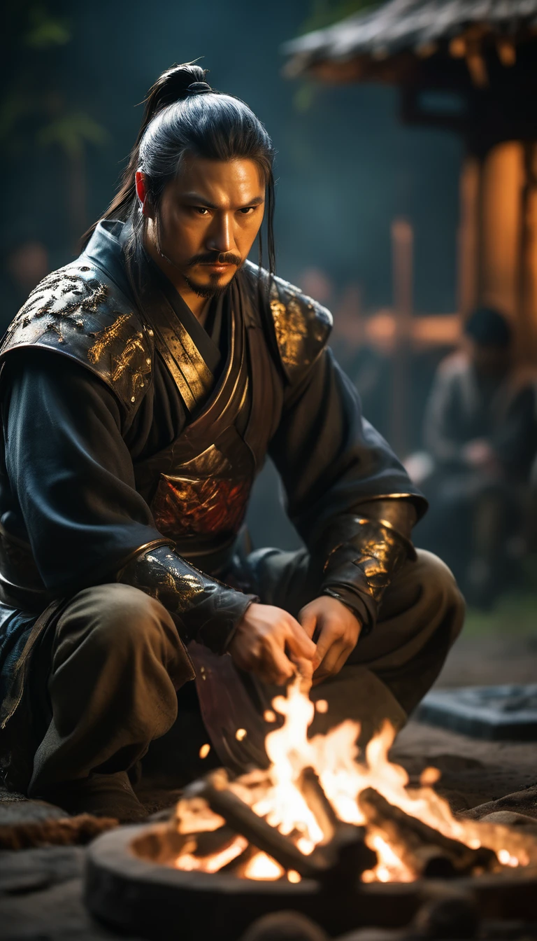 Hanzo Hatori, observing enemy, hidden behind foliage, dusk, low light, tense expression, watchful eyes, enemy samurai, campfire in distance, shadows, hyper realistic, ultra detailed hyper realistic, photorealistic, Studio Lighting, wearing a gold crown, reflections, dynamic pose, Cinematic, Color Grading, Photography, Shot on 50mm lens, Ultra-Wide Angle, Depth of Field, hyper-detailed, beautifully color, 8k