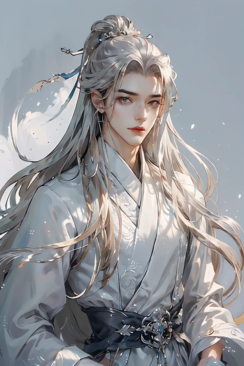 (extreamly delicate and beautiful:1.2), 8K, (tmasterpiece, best:1.0), , (LONG_silver_HAIR_MALE:1.5), Upper body body, a long_haired male, cool and seductive, evil_gaze, wears white hanfu, and intricate detailing, and intricate detailing, finely eye and detailed face, Perfect eyes, Equal eyes, Fantastic lights and shadows、white room background、 Uses backlight and rim light