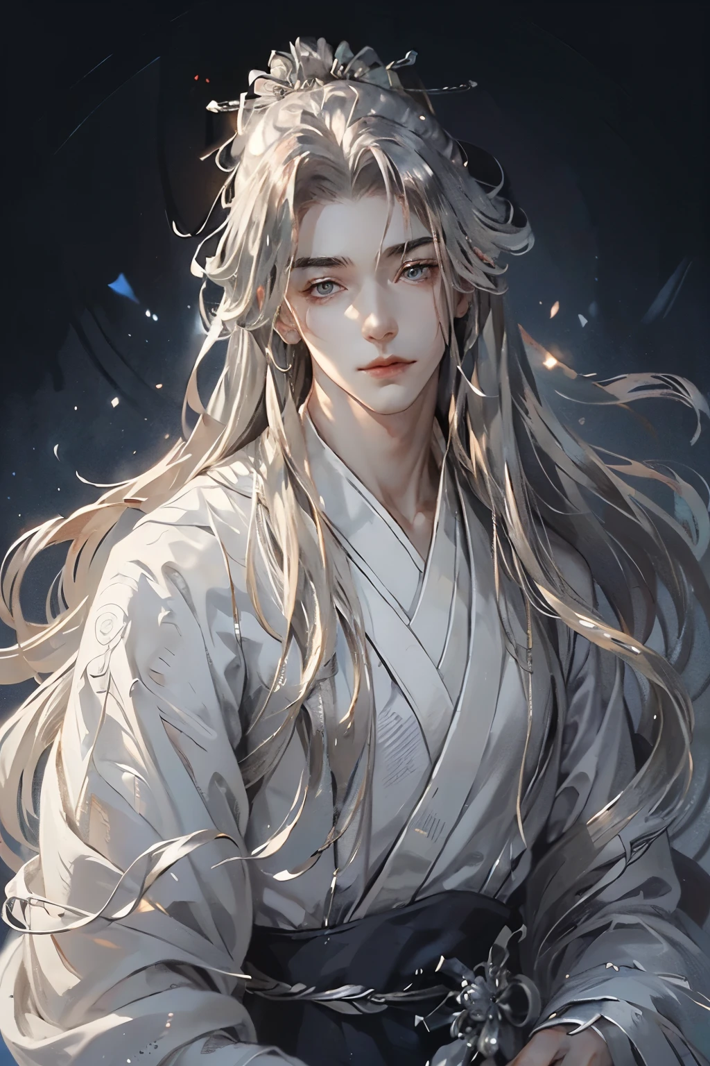 (extreamly delicate and beautiful:1.2), 8K, (tmasterpiece, best:1.0), , (LONG_silver_HAIR_MALE:1.5), Upper body body, a long_haired male, cool and seductive, evil_gaze, wears white hanfu, and intricate detailing, and intricate detailing, finely eye and detailed face, Perfect eyes, Equal eyes, Fantastic lights and shadows、white room background、 Uses backlight and rim light