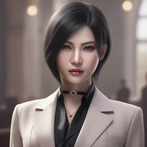 ultra-realistic extremely detailed real life 8k masterpiece of a gorgeous asian woman re ada wong wearing (((skirt suit))), (((t...