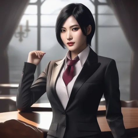 ultra-realistic extremely detailed real life 8k masterpiece of a gorgeous asian woman re ada wong wearing (((skirt suit))), (((t...