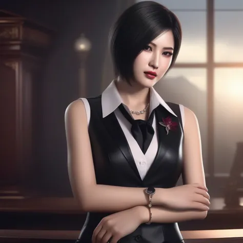 ultra-realistic extremely detailed real life 8k masterpiece of a gorgeous asian woman re ada wong wearing (((skirt suit))), (((t...