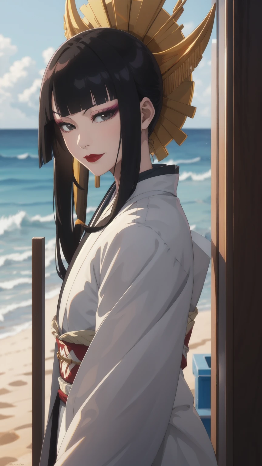 masterpiece, best quality, SShutaraV4, 1girl, solo, looking at viewer, slight smile, long hair, bangs, blunt bangs, sidelocks, (black eyes), (black hair:1.4) makeup, lipstick, red lipstick, mature, mature female, japanese clothes, kimono, sunset, outdoors, sea, water, sand, anime coloring, 