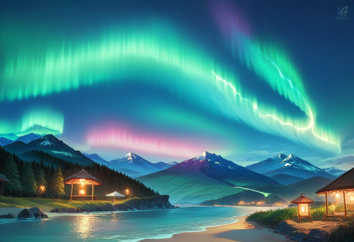 Beach view，Mountains and Water，Northern Lights in the sky，Iceland，dramatic aurora borealis，Stunning scenery，A landscape filled with the Northern Lights，Scandinavian village in the distance