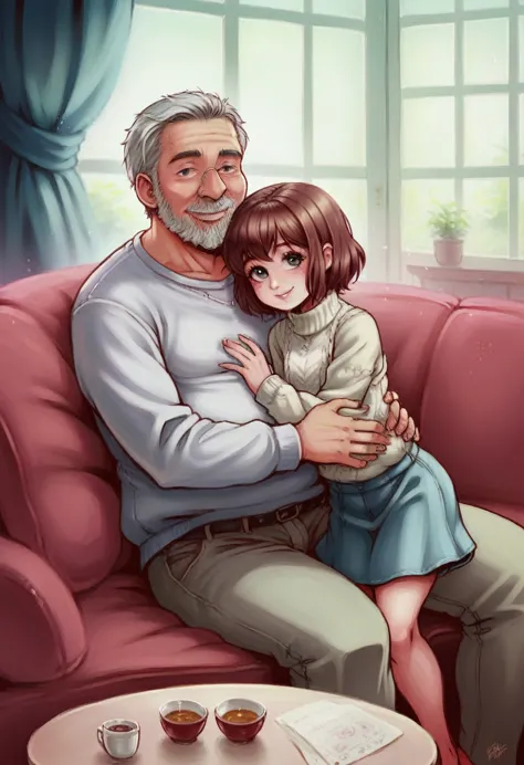 old man and young girl, old couple young girl sitting on couch, cuddling, intimate moment, livingroom, very detailed, ultra real...