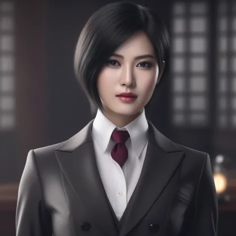 ultra-realistic extremely detailed real life 8k masterpiece of a gorgeous asian woman re ada wong wearing (((skirt suit))), (((t...