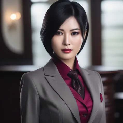 ultra-realistic extremely detailed real life 8k masterpiece of a gorgeous asian woman re ada wong wearing (((skirt suit))), (((t...