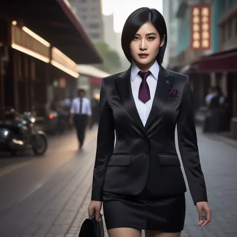 ultra-realistic extremely detailed real life 8k masterpiece of a gorgeous asian woman re ada wong wearing (((skirt suit))), (((t...