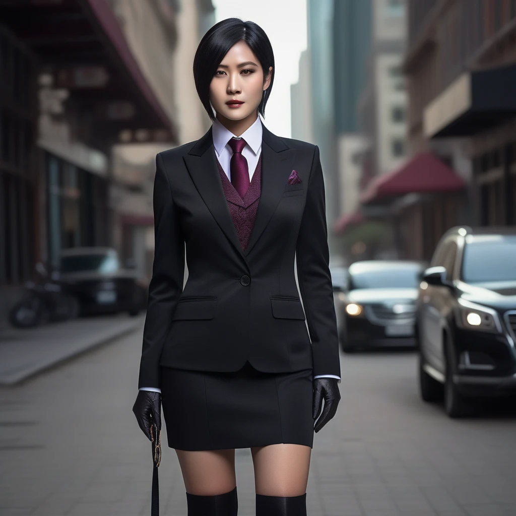 Ultra-realistic extremely detailed real life 8k masterpiece of a gorgeous asian woman re ada wong wearing (((skirt suit))), (((three-piece suit))), (((dress shirt))), (((necktie))), (((blazer))), (((black lapel))), (((suit jacket))), ((waistcoat)), double-breasted waistcoat, (((bodycon miniskirt))), pocket square, cufflinks, tie clip , tailored suit,, extremely detailed facial features, dark scary epic lighting, horror composition