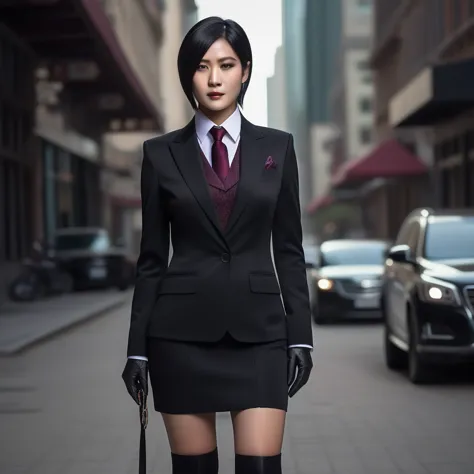 Ultra-realistic extremely detailed real life 8k masterpiece of a gorgeous asian woman re ada wong wearing (((skirt suit))), (((t...