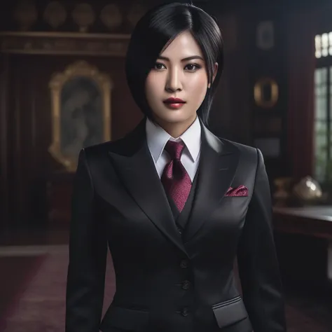 ultra-realistic extremely detailed real life 8k masterpiece of a gorgeous asian woman re ada wong wearing (((skirt suit))), (((t...