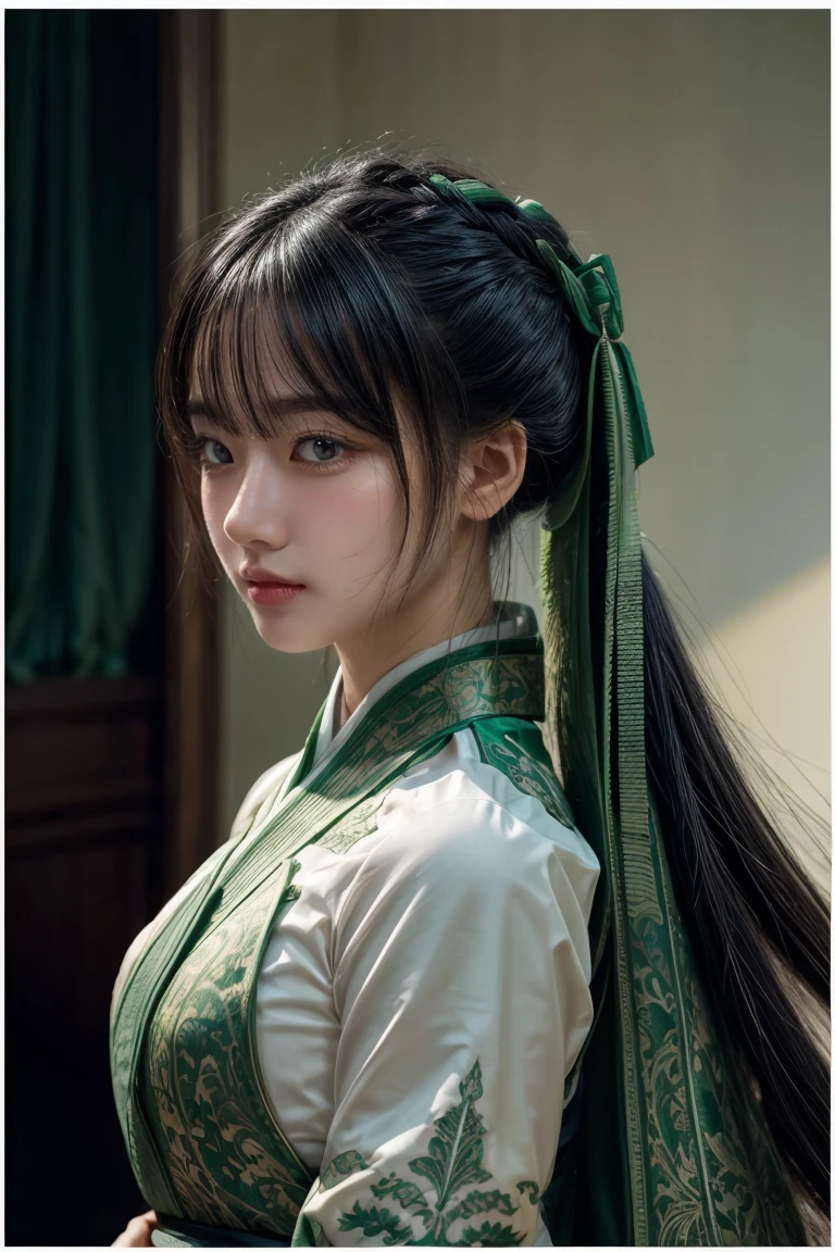 1 girl, heroine, handsome, splashed ink, Chinese armor, (upper body), black hair, floating hair, delicate eyes, black and green antique damask Hanfu, fov, (f1.8), (masterpiece), (portrait shot), front shot, white background, (movie poster), weapon