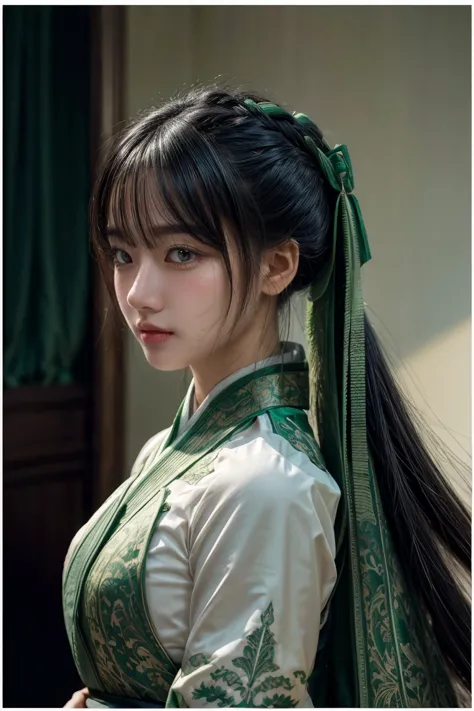 1 girl, heroine, handsome, splashed ink, Chinese armor, (upper body), black hair, floating hair, delicate eyes, black and green ...