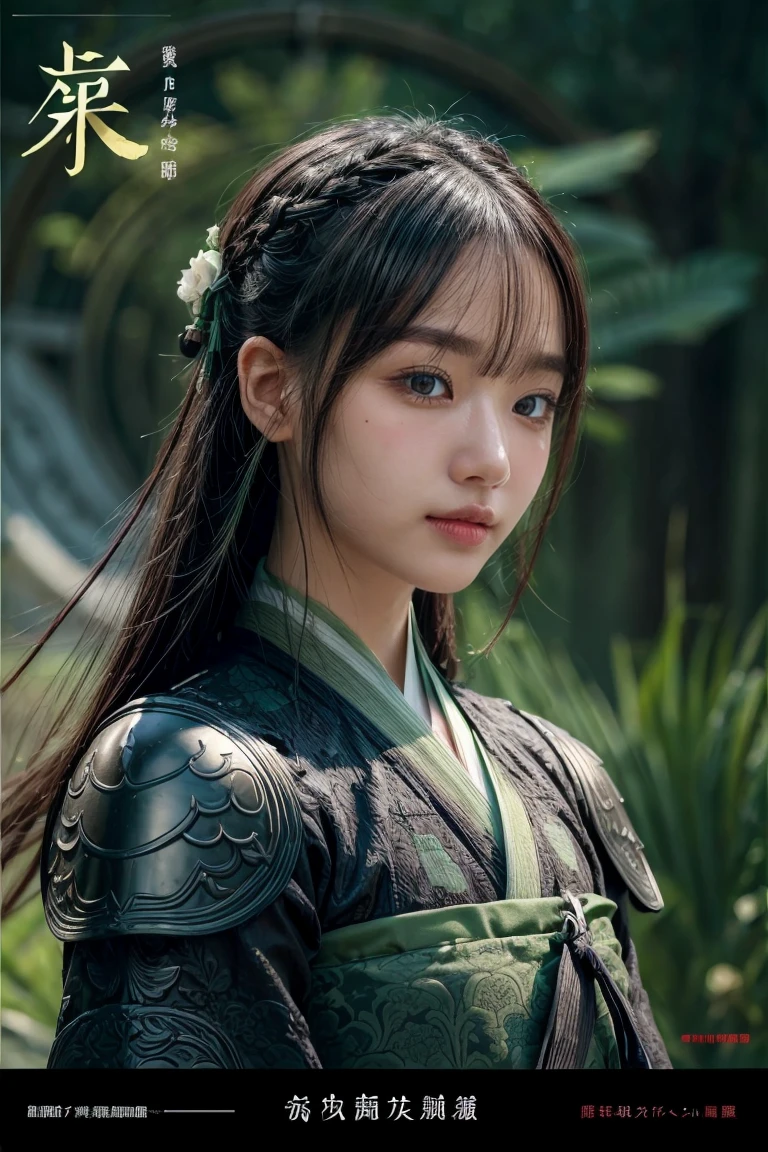 1 girl, heroine, handsome, splashed ink, Chinese armor, (upper body), black hair, floating hair, delicate eyes, black and green antique damask Hanfu, fov, (f1.8), (masterpiece), (portrait shot), front shot, white background, (movie poster), weapon