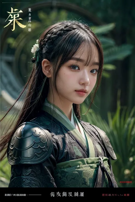 1 girl, heroine, handsome, splashed ink, Chinese armor, (upper body), black hair, floating hair, delicate eyes, black and green ...
